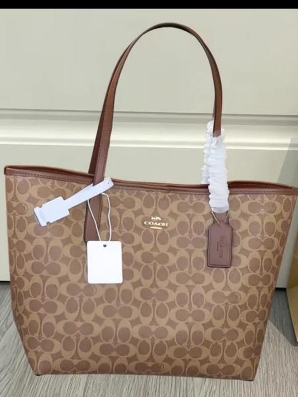 COACH Brown Signature Canvas Tote with Leather Trim
